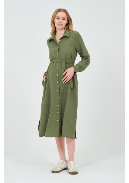 Hamile Gömlek Yaka Önden Cepli Midi Boy Elbise Haki fiyatları