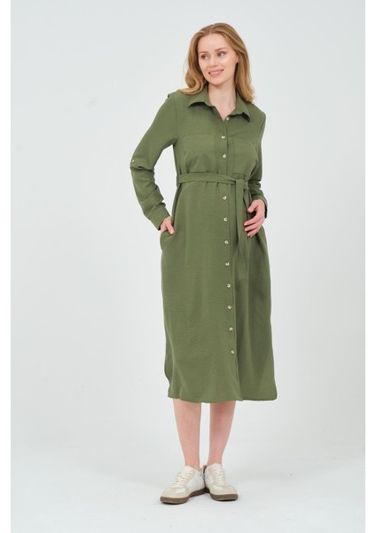 Hamile Gömlek Yaka Önden Cepli Midi Boy Elbise Haki fırsatları