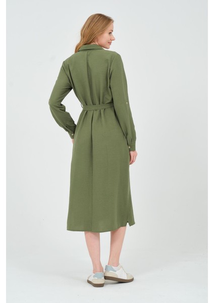 Hamile Gömlek Yaka Önden Cepli Midi Boy Elbise Haki indirimleri