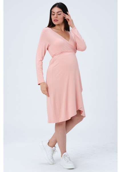 Hamile Önden Bağcıklı Kolay Giyilebilir Uzun Kollu Penye Elbise Pudra modelleri