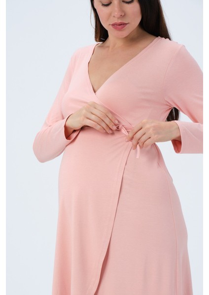 Hamile Önden Bağcıklı Kolay Giyilebilir Uzun Kollu Penye Elbise Pudra fırsatları