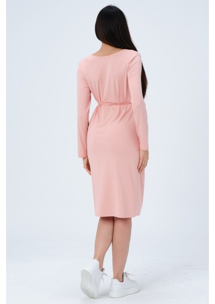 Hamile Önden Bağcıklı Kolay Giyilebilir Uzun Kollu Penye Elbise Pudra indirimleri