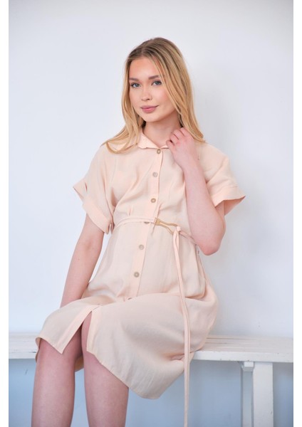 Hamile Düğmeli Kısa Kollu Midi Boy Elbise Krem