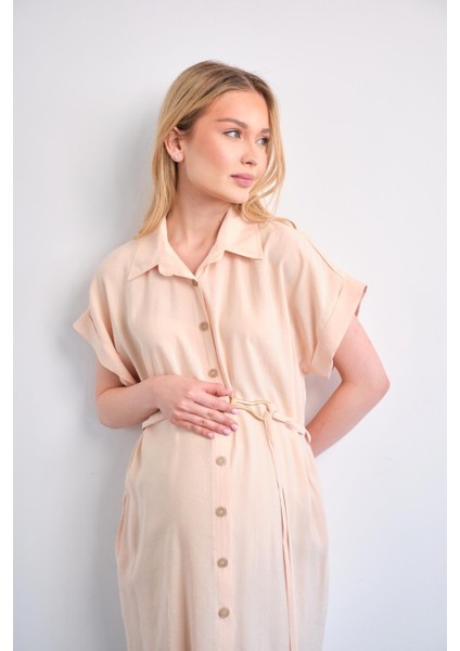 Hamile Düğmeli Kısa Kollu Midi Boy Elbise Krem fiyatları