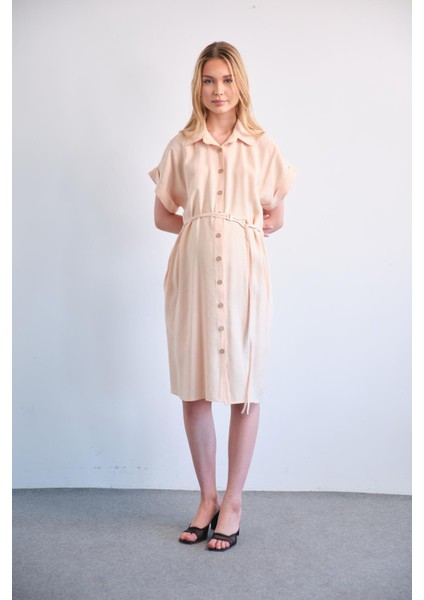 Hamile Düğmeli Kısa Kollu Midi Boy Elbise Krem fırsatları
