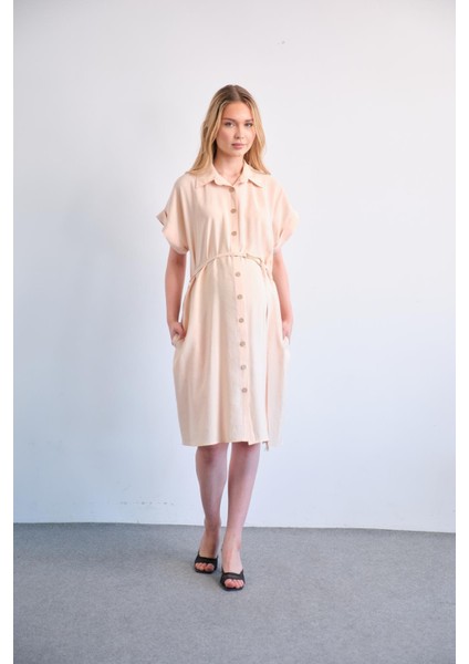 Hamile Düğmeli Kısa Kollu Midi Boy Elbise Krem indirimleri