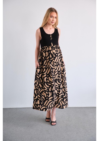 Hamile Desenli Midi Boy Jile Elbise Bej