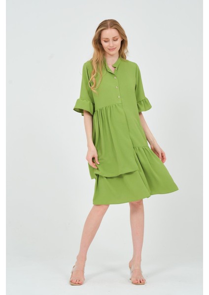 Hamile Önden Düğmeli Fırfır Detaylı Fakir Kol Midi Boy Elbise Yeşil