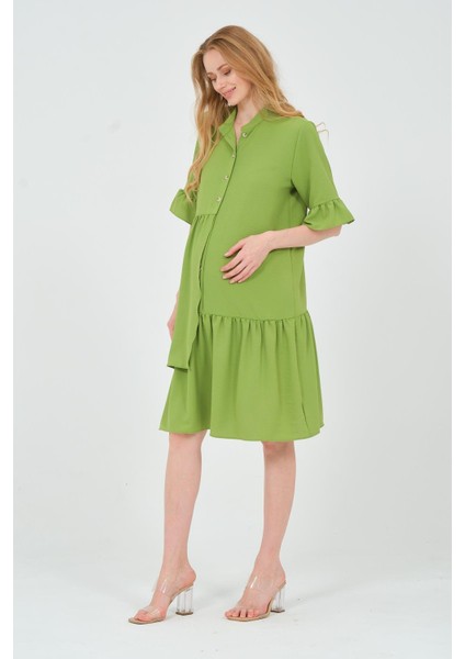 Hamile Önden Düğmeli Fırfır Detaylı Fakir Kol Midi Boy Elbise Yeşil fiyatları