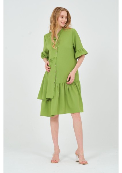 Hamile Önden Düğmeli Fırfır Detaylı Fakir Kol Midi Boy Elbise Yeşil modelleri