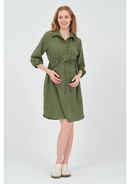 Hamile Fakir Kol Beli Bağcıklı Ara Boy Elbise Haki