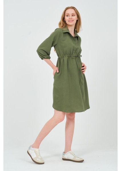 Hamile Fakir Kol Beli Bağcıklı Ara Boy Elbise Haki modelleri
