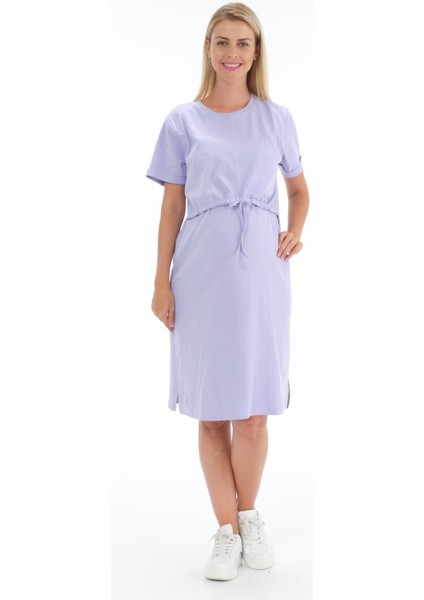 Hamile Emzirme Detaylı Önden Bağcıklı Yan Yırtmaçlı Kısa Kollu Elbise Lila