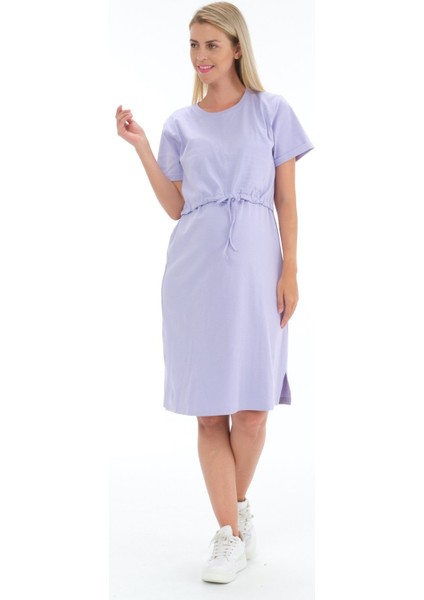 Hamile Emzirme Detaylı Önden Bağcıklı Yan Yırtmaçlı Kısa Kollu Elbise Lila fiyatları