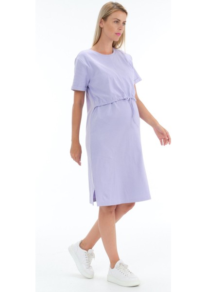 Hamile Emzirme Detaylı Önden Bağcıklı Yan Yırtmaçlı Kısa Kollu Elbise Lila modelleri