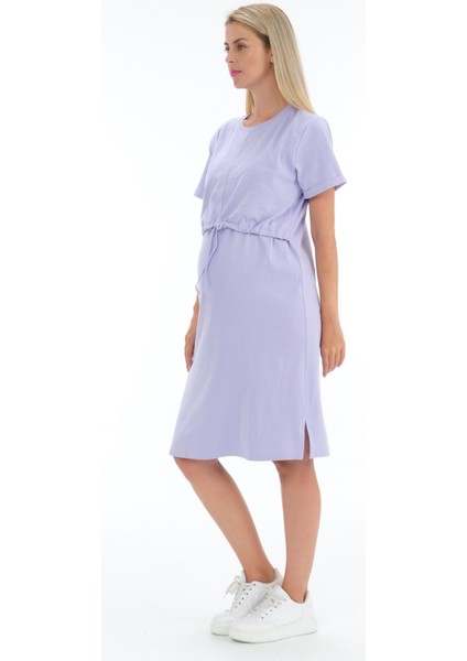 Hamile Emzirme Detaylı Önden Bağcıklı Yan Yırtmaçlı Kısa Kollu Elbise Lila fırsatları