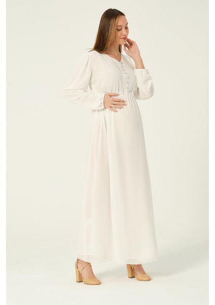 Hamile Beli Bağcıklı Şifon Maxi Boy Tesettür Elbise Beyaz fiyatları