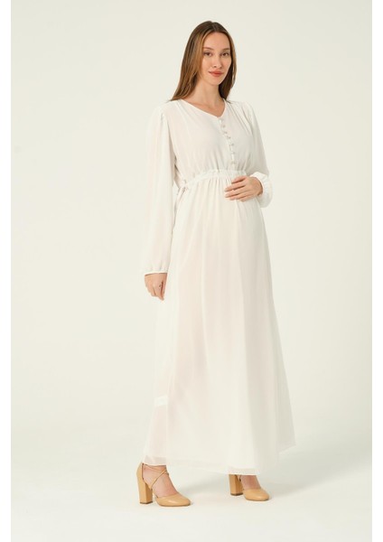Hamile Beli Bağcıklı Şifon Maxi Boy Tesettür Elbise Beyaz modelleri