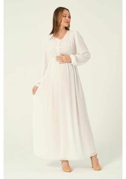 Hamile Beli Bağcıklı Şifon Maxi Boy Tesettür Elbise Beyaz fırsatları