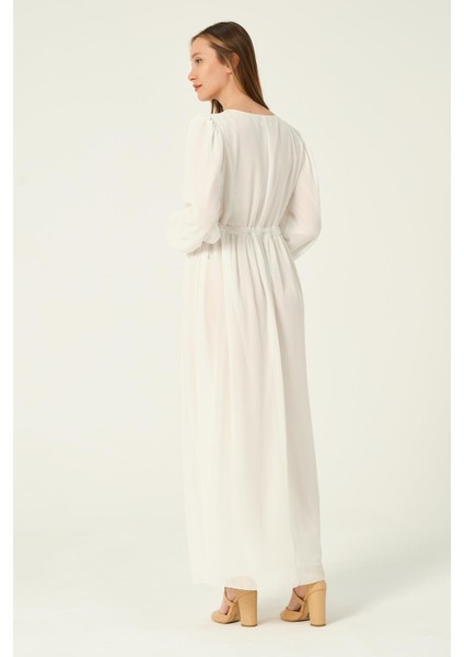 Hamile Beli Bağcıklı Şifon Maxi Boy Tesettür Elbise Beyaz indirimleri