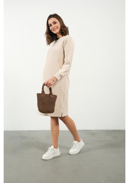 Hamile Emzirme Detaylı Cepli Yumuşak Dokulu Selanik Regular Fit Elbise Krem