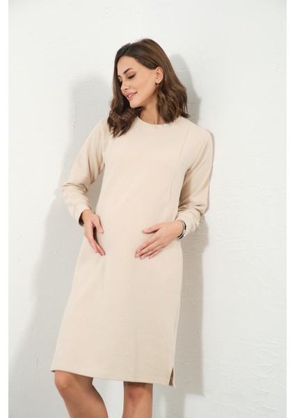 Hamile Emzirme Detaylı Cepli Yumuşak Dokulu Selanik Regular Fit Elbise Krem fiyatları