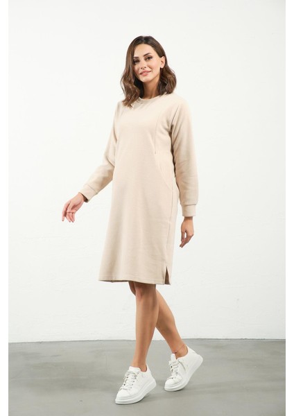 Hamile Emzirme Detaylı Cepli Yumuşak Dokulu Selanik Regular Fit Elbise Krem modelleri