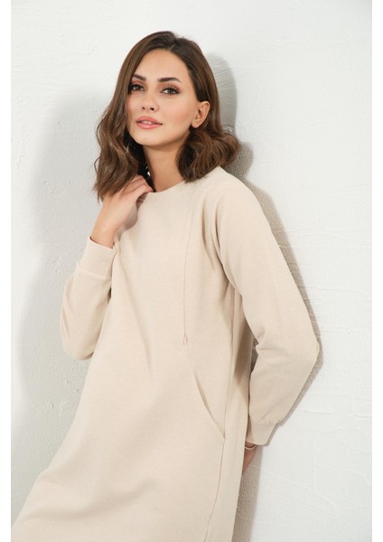 Hamile Emzirme Detaylı Cepli Yumuşak Dokulu Selanik Regular Fit Elbise Krem fırsatları