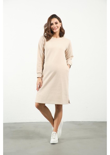 Hamile Emzirme Detaylı Cepli Yumuşak Dokulu Selanik Regular Fit Elbise Krem indirimleri