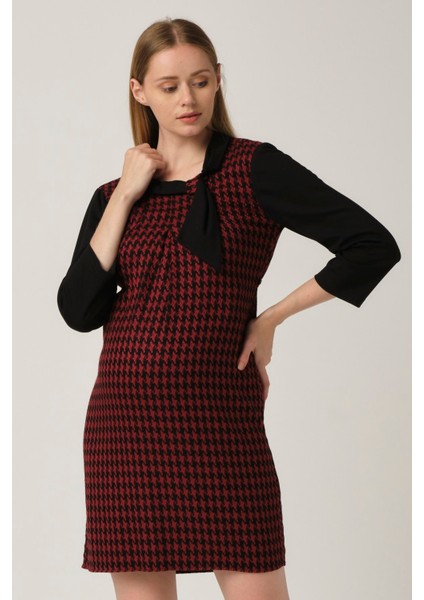 Hamile Desenli Arkadan Bağcıklı Mini Elbise Bordo