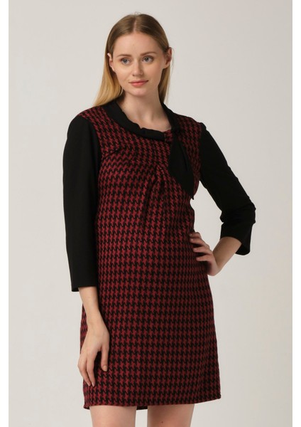 Hamile Desenli Arkadan Bağcıklı Mini Elbise Bordo modelleri