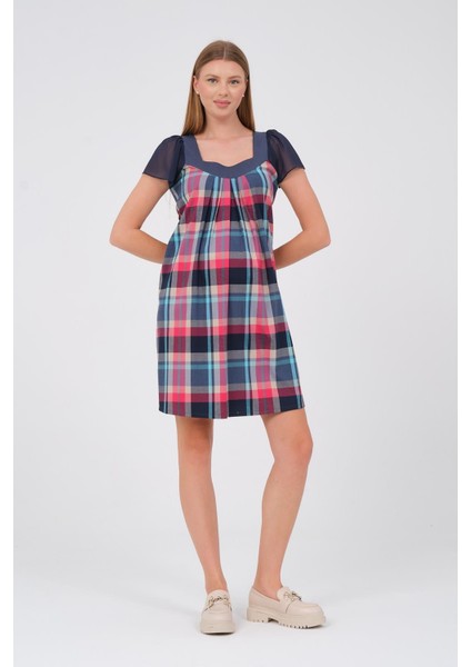 Hamile Kısa Kollu Ekose Şifon Detaylı Elbise Pembe fiyatları