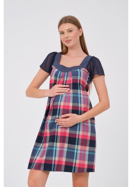 Hamile Kısa Kollu Ekose Şifon Detaylı Elbise Pembe modelleri