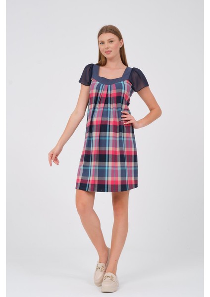 Hamile Kısa Kollu Ekose Şifon Detaylı Elbise Pembe fırsatları