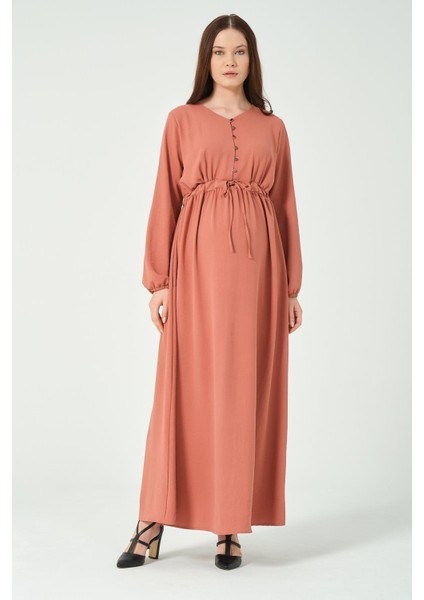 Hamile Beli Bağcıklı Uzun Kollu Maxi Boy V Yaka Tesettür Elbise Gül Kurusu