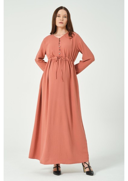 Hamile Beli Bağcıklı Uzun Kollu Maxi Boy V Yaka Tesettür Elbise Gül Kurusu fiyatları