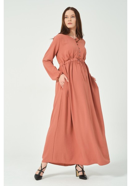 Hamile Beli Bağcıklı Uzun Kollu Maxi Boy V Yaka Tesettür Elbise Gül Kurusu modelleri