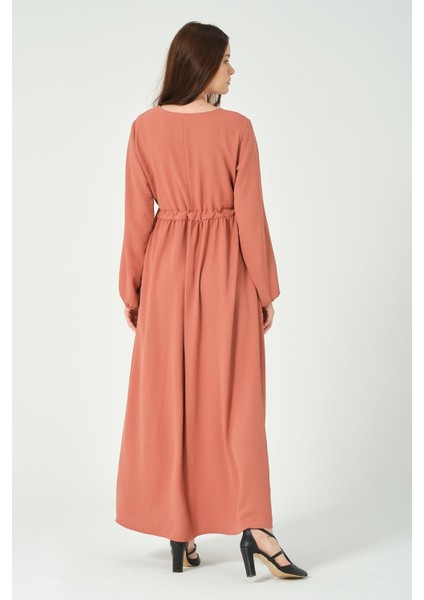 Hamile Beli Bağcıklı Uzun Kollu Maxi Boy V Yaka Tesettür Elbise Gül Kurusu fırsatları