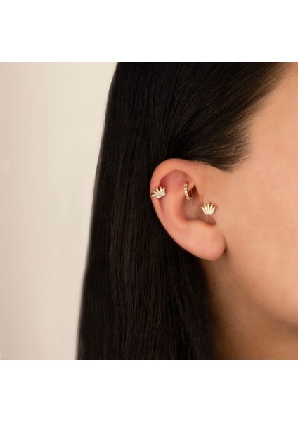 14 Ayar Altın Taşlı Taç Tragus Piercing modelleri