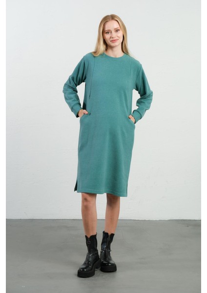 Hamile Emzirme Detaylı Cepli Yumuşak Dokulu Selanik Regular Fit Elbise Mintyeşili