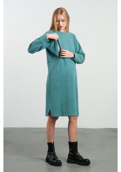 Hamile Emzirme Detaylı Cepli Yumuşak Dokulu Selanik Regular Fit Elbise Mintyeşili indirimleri