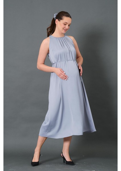 Hamile Beli Bağcıklı Sıfır Kol Midi Boy Saten Elbise Gri fiyatları