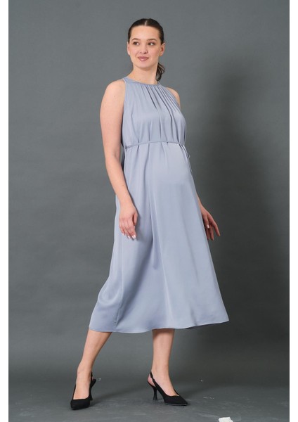 Hamile Beli Bağcıklı Sıfır Kol Midi Boy Saten Elbise Gri modelleri
