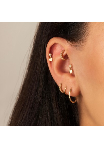 14 Ayar Altın Damla Taşlı Kalp Sallantılı Minimal Tragus Piercing