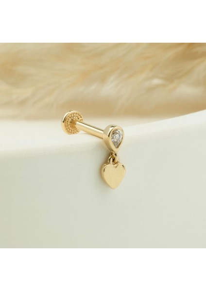 14 Ayar Altın Damla Taşlı Kalp Sallantılı Minimal Tragus Piercing