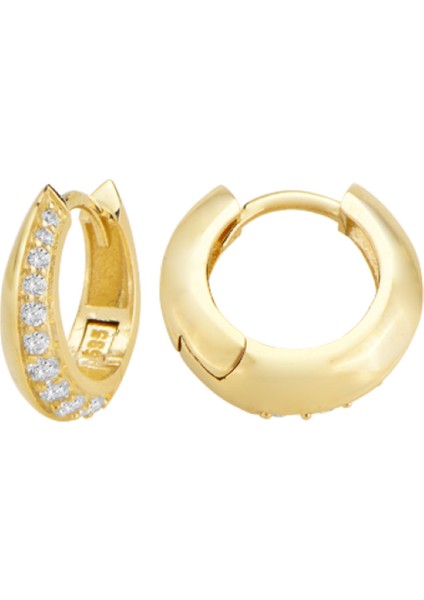 Altın 14 Ayar Huggie Küpe Minimalist Form Yeşil Maden Altın Sarı Renk T137