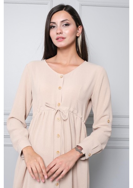 Hamile Önden Düğmeli ve Bağcıklı Uzun Kollu Viskon Elbise Bej