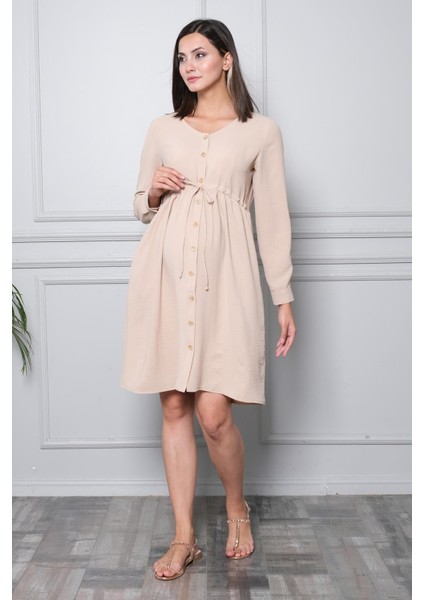 Hamile Önden Düğmeli ve Bağcıklı Uzun Kollu Viskon Elbise Bej fiyatları
