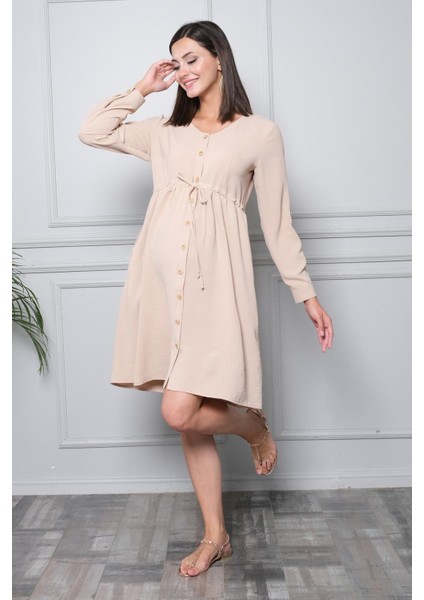 Hamile Önden Düğmeli ve Bağcıklı Uzun Kollu Viskon Elbise Bej modelleri