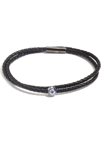 Mini Evil Eye Siyah Örgü Deri Erkek Bileklik